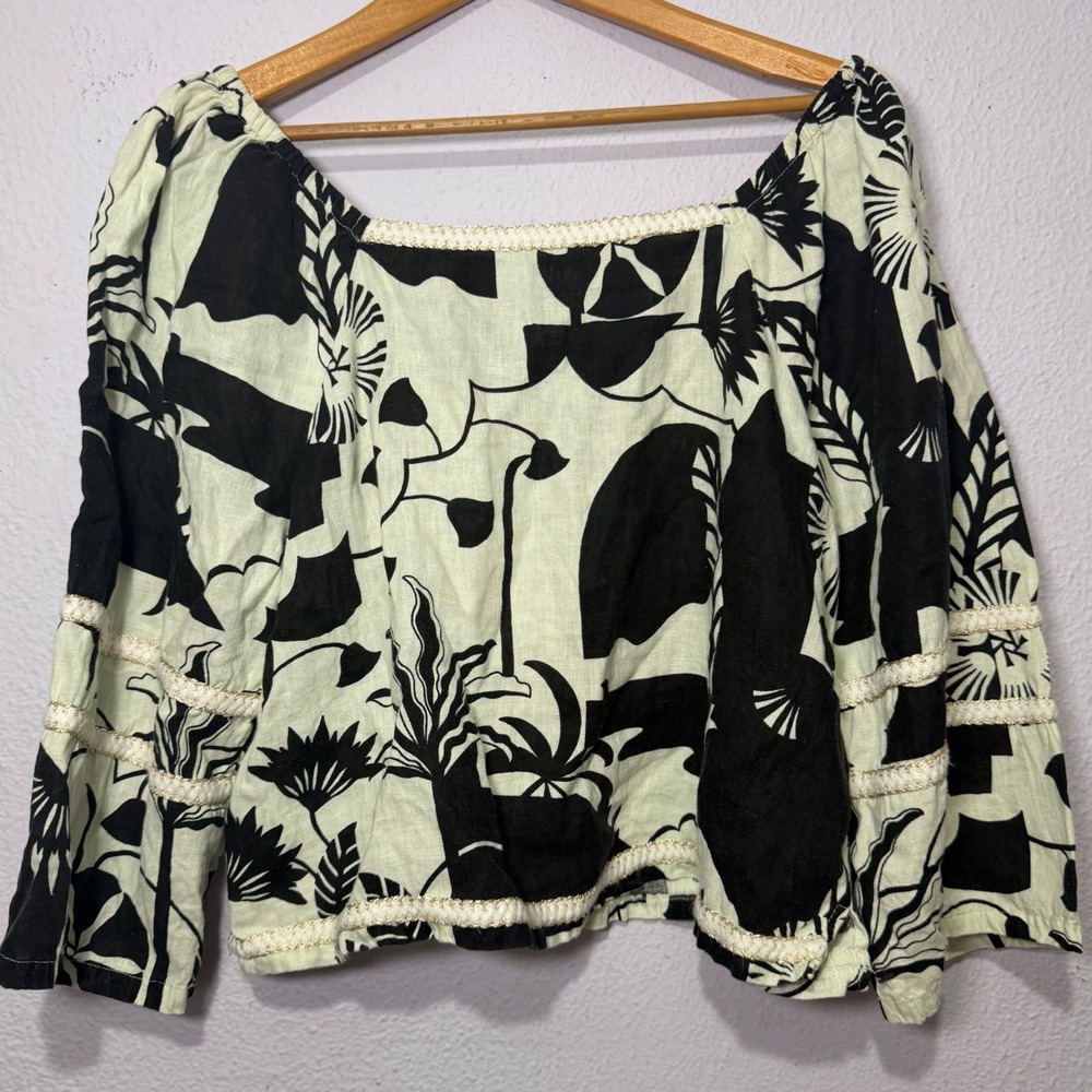 Nicole Miller Blouse Cropped Linen Floral Print Puff Sleeve Black Cream XL